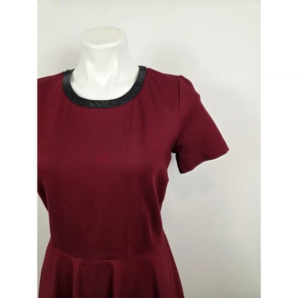 Madewell Burgundy Fit and Flare Dress Black Leather Trim Size Medium - Picture 7 of 8